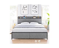 gaomon King Size Bed Frame with Charging Station and 2 Storage Drawer, Upholstered Platform Bed with Headboard, Usb Port & Outlets, No Box Spring Need