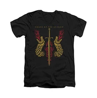 House Of The Dragon Men's Sword And Dragon Heads Short Sleeve Adult V Neck Premium Cotton Tee / T-Shirt