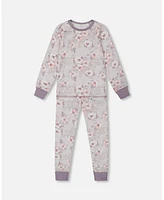 Baby Girl Printed Organic Cotton Long Sleeve Top And Pant Pajama Set Pale Pink Flowers On Neutral Lilac - Infant