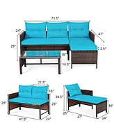 Gymax 3PCS Outdoor Rattan Furniture Set Patio Couch Sofa Set w/ Turquoise Cushion