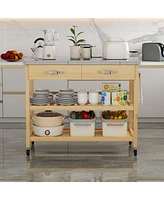 Boyel Living Stainless Steel Countertop Solid Wood Kitchen Cart with Storage Drawers and Shelves, Rotatable Kitchen Island with Steel Table Top and To