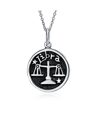 Bling Jewelry Libra Zodiac Sign Astrology Horoscope Round Medallion Pendant For Men Women Necklace Antiqued Sterling Silver