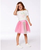 Deux par Big Girls Cotton Tee With Puff Sleeve Pink Flower On White Background