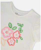 Deux par Big Girls Cotton Tee With Puff Sleeve Pink Flower On White Background