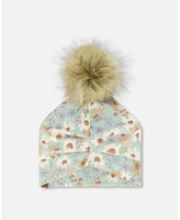 Deux par Deux Baby Girls Printed Jersey Detachable Pompom Hat Small White Flowers On Turquoise And Lilac