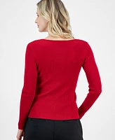 T Tahari Rhinestone Sweetheart-Neck Rib-Knit Sweater