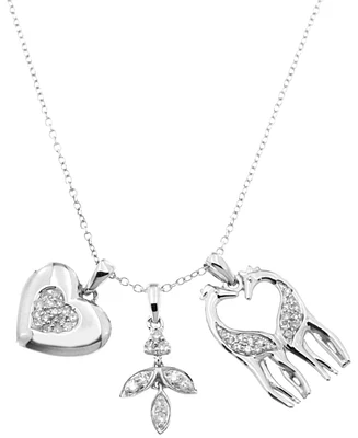 Diamond Heart, Leaf & Giraffes Three Charm Pendant Necklace (1/3 ct. t.w.) in Sterling Silver, 16" + 2" extender