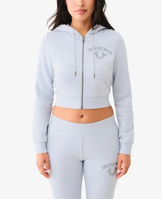 True Religion Women's Crystal Arch Logo Shrunken Zip Hoodie