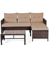 Gymax 3PCS Outdoor Rattan Furniture Set Patio Couch Sofa Set w/ Coffee Table