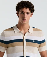 Original Penguin Men's Short Sleeve Striped Mesh Cardigan Sweater