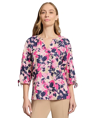 Jones New York Women's V Neck Raglan Sleeve Blouse with Tie Detail Printed Linen