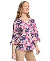 Jones New York Women's V Neck Raglan Sleeve Blouse with Tie Detail Printed Linen