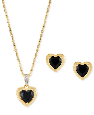 2-Pc. Set Onyx & Diamond Accent Heart Pendant Necklace & Complementing Stud Earrings in 14k Gold-Plated Sterling Silver