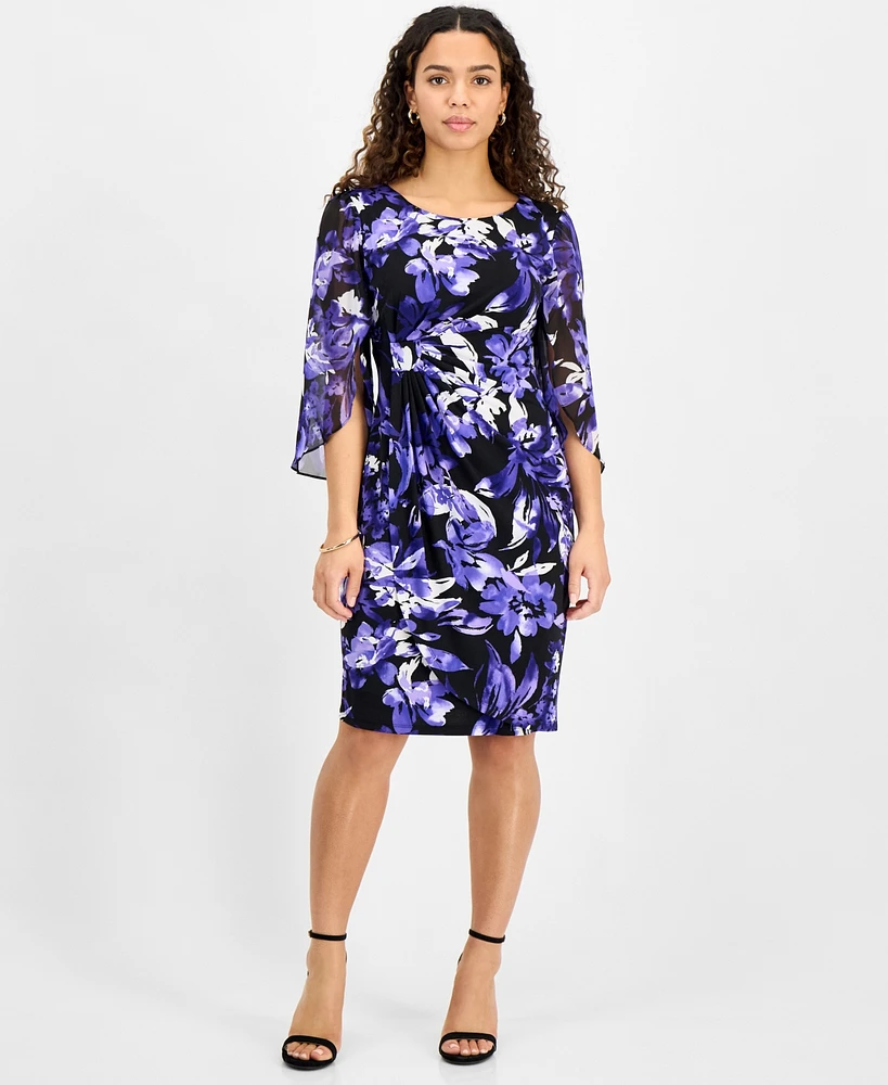 Connected Petite Floral-Print Cape-Sleeve Faux-Wrap Dress