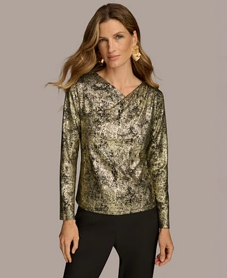 Donna Karan New York Women's Metallic V-Neck Long-Sleeve Top