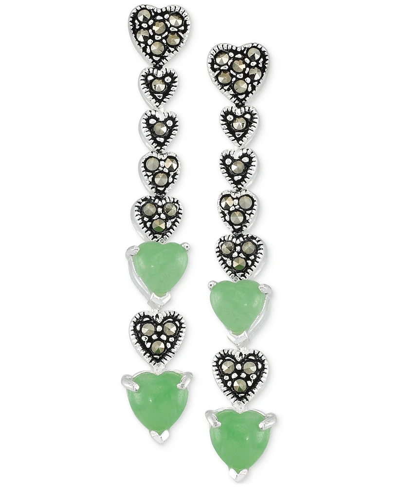 Marcasite & Jade Heart Linear Drop Earrings in Sterling Silver