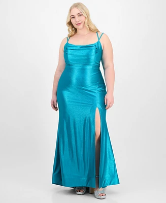 City Studios Trendy Plus Glitter Lace-Up Sleeveless Gown, Created for Macy's