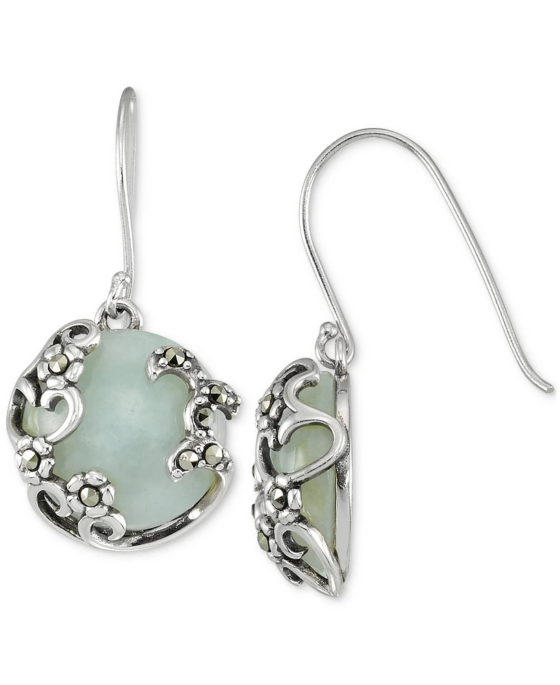 Marcasite & Jade Drop Earrings in Sterling Silver