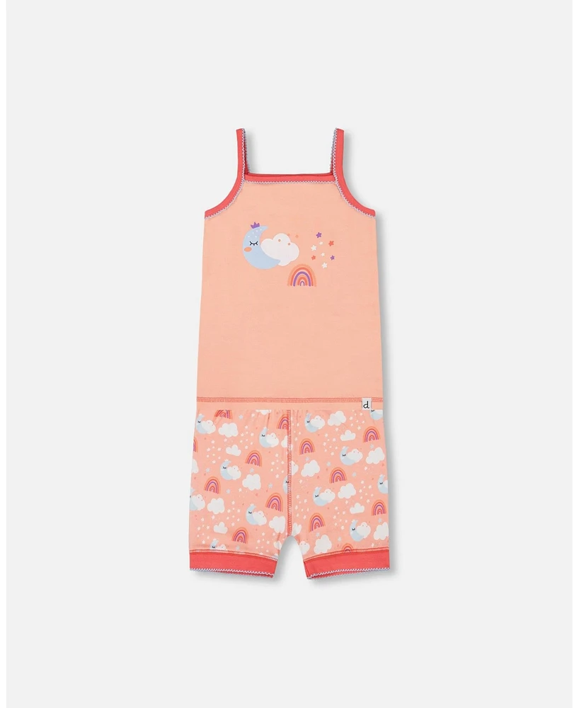 Deux par Baby Girls Cotton Tank Top And Shorts Pajama Set Rainbow On Light Coral