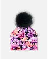 Deux par Deux Baby Girls Printed Jersey Detachable Pompom Hat Black With Pink And Orange Flowers