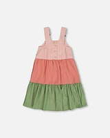 Deux par Girl Tiered Color Block Peasant Dress Peach Pink And Green - Toddler|Child