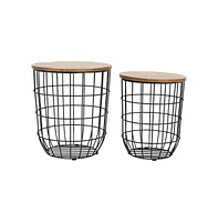 Jofran Global Archive Nested Storage Solid Wood and Metal Basket End Tables (Set of 2)