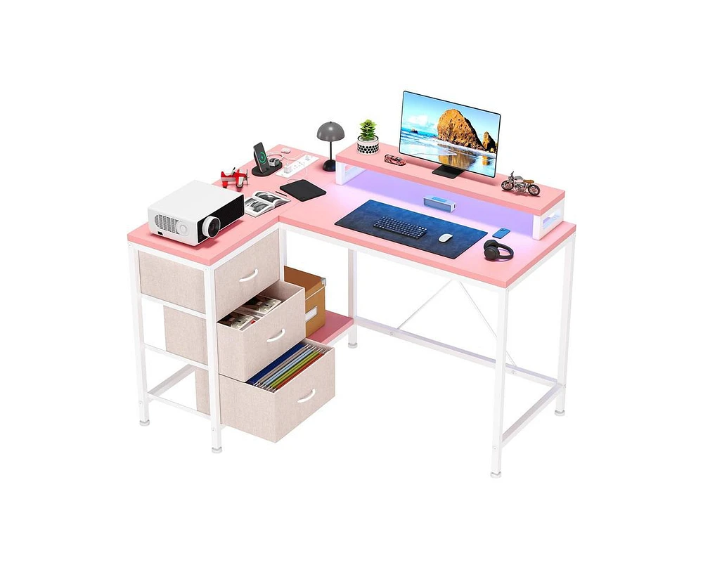 gaomon L Shaped Desk with Power Outlets & Led Lights, Computer Desk with Drawers & Shelves