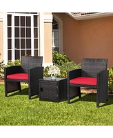 Gymax 3PCS Patio Pe Rattan Conversation Furniture Set Bistro Set w/ Waterproof Cover Red