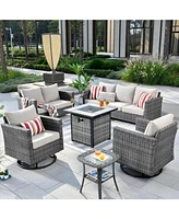 Xizzi Patio Furniture Set 6 Piece Outdoor Sectional Sofa with Rocking Swivel Chairs Square Fire Pit Table Loveseat All Weather Wicker Rattan Conve
