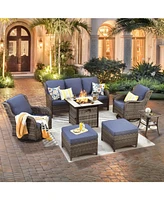 Xizzi Patio Furniture Sets Outdoor Swivel Rocking Chairs with 50,000 Btu Propane Fire Pit Table 7 Pieces All Weather Pe Wicker Conversation Sofa and M