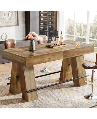 Tribesigns Bar Table, 63-Inch Bar Height Pub Table, Counter Height Table with Metal Footrest, Rectangular High Top Dining Counter Tables with Wood Ped