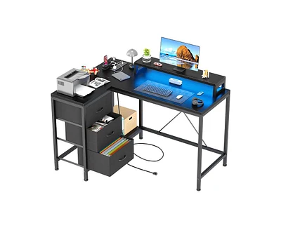 gaomon L Shaped Desk with Power Outlets & Led Lights, Computer Desk with Drawers & Shelves