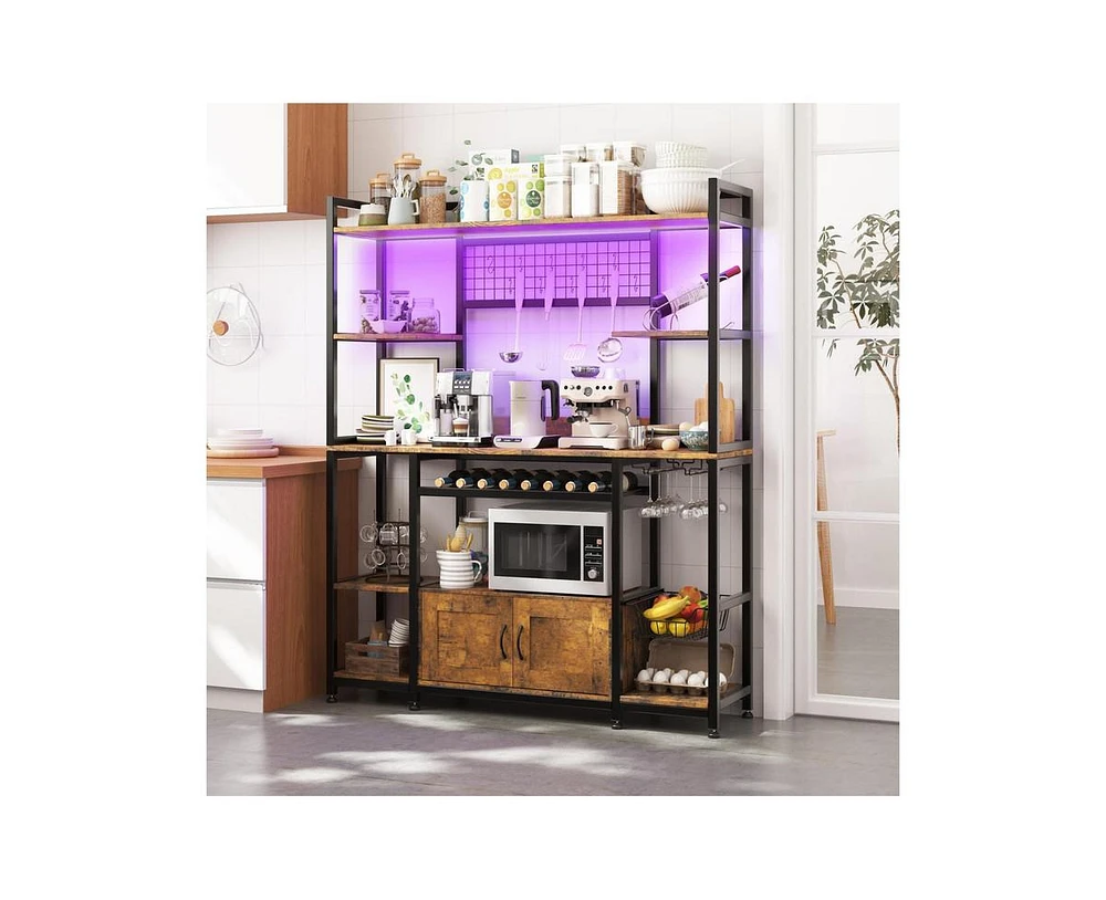55" 7-in-1 Versatile Baker's Rack with Rgb Led Lighting, 4 Ac Outlets & 2 Usb Ports, 10 Hooks, Wine Rack, Wire Basket, and Metal for Kitchen
