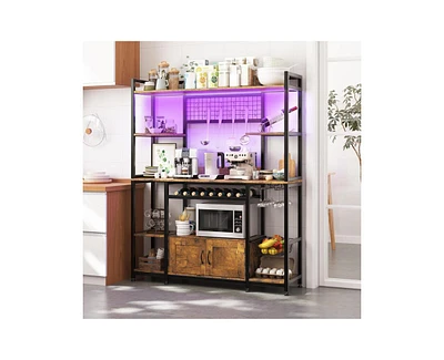 55" 7-in-1 Versatile Baker's Rack with Rgb Led Lighting, 4 Ac Outlets & 2 Usb Ports, 10 Hooks, Wine Rack, Wire Basket, and Metal for Kitchen