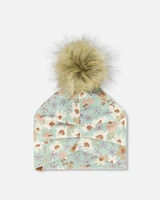 Deux par Deux Girl Printed Jersey Detachable Pompom Hat Small White Flowers On Turquoise And Lilac - Toddler|Child