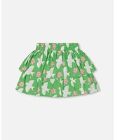 Deux par Toddler Girls Tiered Elastic Waist Skirt Green With White And Pink Bird - Toddler|Child