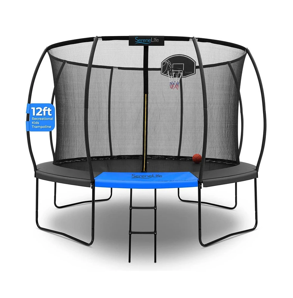 SereneLife 12ft Pumpkin Trampoline with Inner Enclosure, Ladder, and Basketball Hoop for Kids