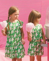 Deux par Toddler Girls Printed Dress With Flounce Sleeves Green White And Pink Bird - Toddler|Child