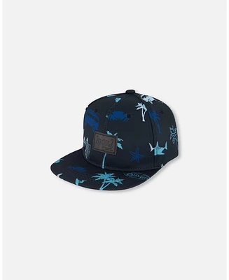 Deux par Deux Baby Boys Printed Cap Light Blue Beach On Black