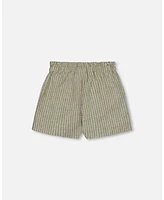 Deux par Toddler Girls Linen Short With Pockets Medium Green And Cream Striped - Toddler|Child