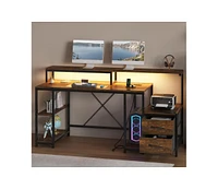 gaomon Computer Desk 63" With File Drawer, Gaming Desk With Led Light & Power Outlets, Home Office Desk With Printer Space
