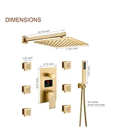 Boyel Living Brushed Gold Wall Mount Thermostatic Rain Shower System with Handheld Shower Shower System with Side Body Jets and Digital Display