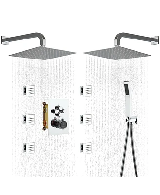 Thermostatic 4-Function Shower System with Handheld Shower Head Dual Shower Head with Side Body Jets Shower Faucet, Chrome