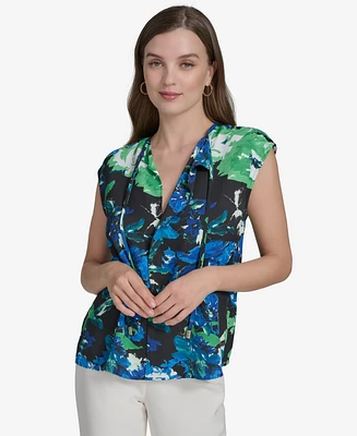 Halston Women's Split-Neck Printed Cap-Sleeve Top