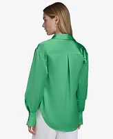 Halston Women's Satin Button-Front Open-Sleeve Blouse