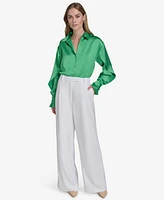 Halston Women's Satin Button-Front Open-Sleeve Blouse