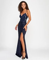 City Studios Juniors' Sequin Side-Slit Lace-Up Gown