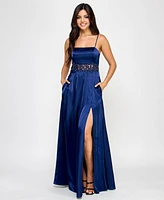 City Studios Juniors' Satin Floral-Inset Side-Slit Gown, Created for Macy's