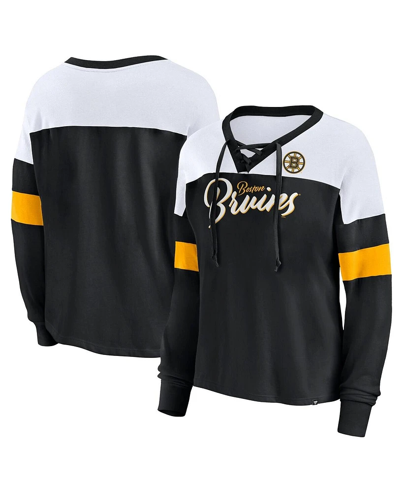 Fanatics Women's Black Boston Bruins Take the Shot Long Sleeve Lace-Up V-Neck T-Shirt