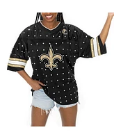 Gameday Couture Women's Black New Orleans Saints Kickoff Time Allover Rhinestone Sports Stripe Jersey V-Neck T-Shirt